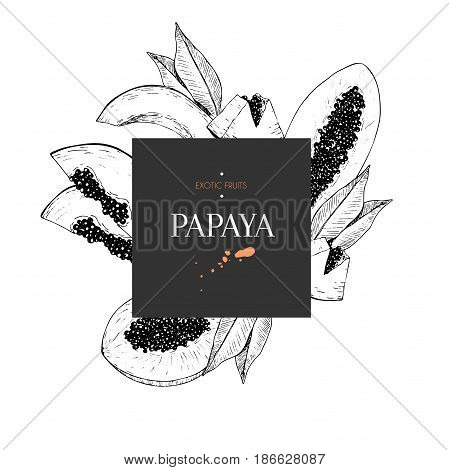  hand drawn smoothie bowls poster. Exotic engraved fruits. Square border composition.Papaya whole half slice and leaves. Use for exotic restaurant food partty