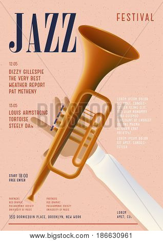 Jazz poster. Template for musical concert placard. Vertical mockup with trumpet and place for text