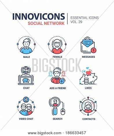 Social Network - modern color vector single line icons set. Male, female person, message, text, letter, chat, globe, add, friend, like, thumbs up, saving pig, video, search, mouse, contact, net