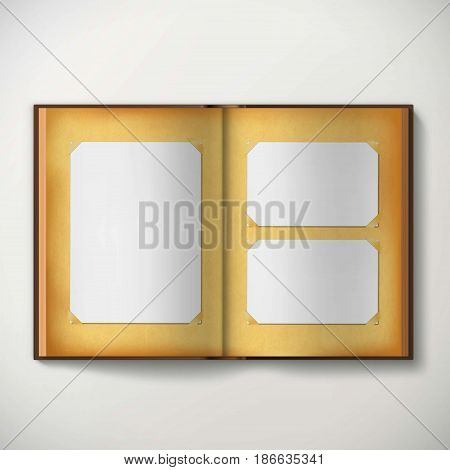 Old vintage photo album with empty blank frames. Stock vector illustration.