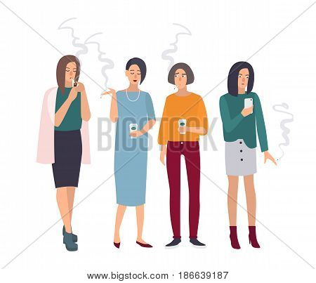Smoking room. Girls on smoke break. Woman with cigarettes. Vector illustration in flat style
