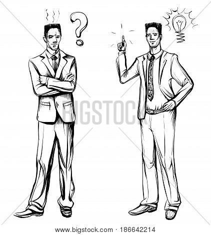 Man in business suit, hand drawn vector sketch. Idea concept with man and lightbulb. Black and white line illustration.