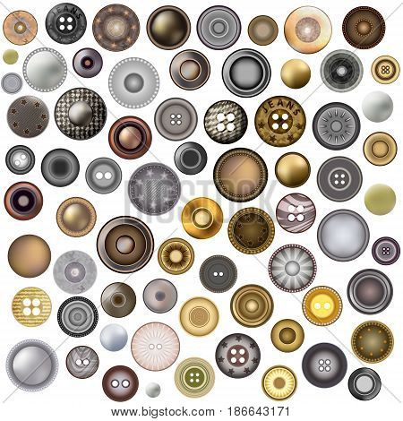 Set of sewing buttons isolated on white background. Realistic Accessories Metal Jeans Round Button or Rivets Set Web Design Element. Vector 3d illustration. Mega collection