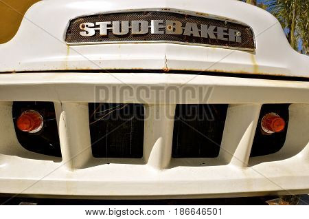COSTA MAYA, MEXICO, February 23, 2017: The grill of truck  a product of the American manufacturer Studebaker Brothers Manufacturing Company based in South Bend, Indiana, founded in 1852 and incorporated in 1868.
