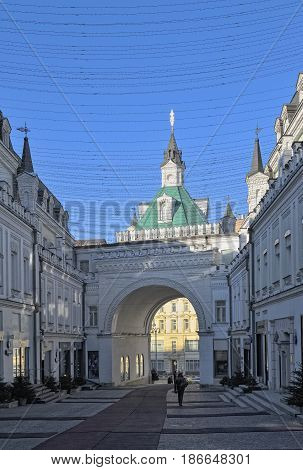 MOSCOW, RUSSIA - FEBRUARY 6, 2017: Tretyakov Lane view of the Bird's Tower the only tower of the Kitai-Gorod wall preserved to date built in 1535-1538 years