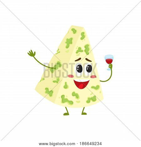 Funny blue cheese character with smiling human face holding wine glass, cartoon vector illustration isolated on white background. Cute and funny blue mould cheese character, dairy product mascot