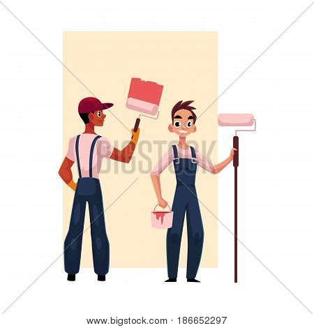 Two painters, black painting wall with big brush, Caucasian holding roller and bucket, cartoon vector illustration isolated on white background. Two painters, black and white, working together