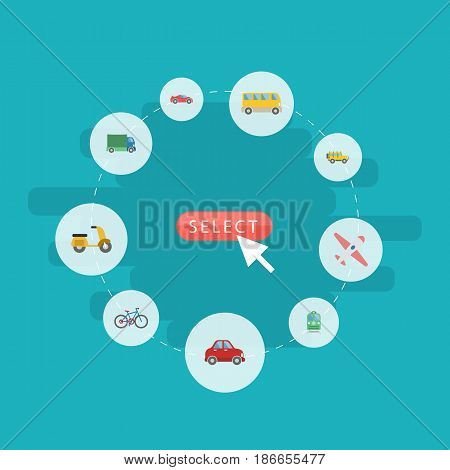 Flat Lorry, Omnibus, Scooter And Other Vector Elements. Set Of Machine Flat Symbols Also Includes Auto, Train, Suv Objects.