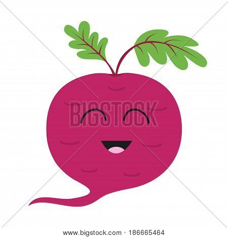 Beet with leaves icon. Red beetroot. Vegetable collection. Fresh farm healthy food. Smiling face. Cute cartoon character. Education card for kids. Flat design. White background. Isolated. Vector