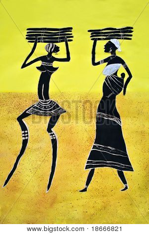 Arte africana tribale, dipinte su materiale tessile, le madri di famiglie e bambino trasportare legno