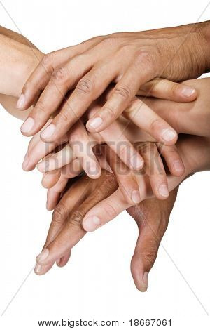 Tas de mains isolés sur la race blanche, Caucasienne, afro-américains, hispanique.