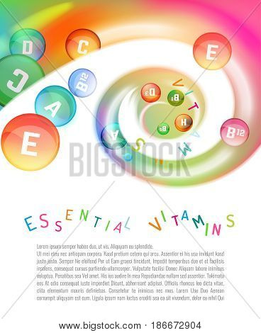 Vitamin complex. Different vitamins in pills flying in a swirl. Vector illustration in bright rainbow colours. Beautiful template with copyspace for leaflet, brochure, poster or advertorial design.