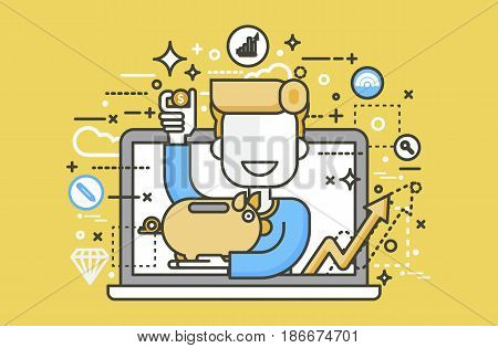 Stock vector illustration man piggy bank in hands design element for financial education, banking, deposit saving discount online promotion marketing management line art style yellow background icon