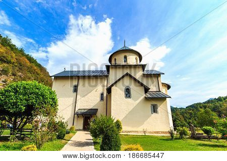 Moraca Monastery, a Serbian Orthodox church in Kolasin, Montenegro. Ancient religious building.