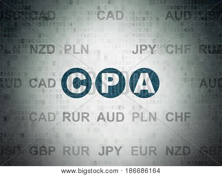 Business concept: Painted blue text CPA on Digital Data Paper background with Currency