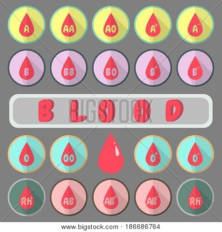 Flat icons of All Type Blood in gray background. Pastel Flat icons. Knowledge of type blood. Medical knowledge. 14th june. World blood donor day. vector. illustration. graphic design. basic red green blue.