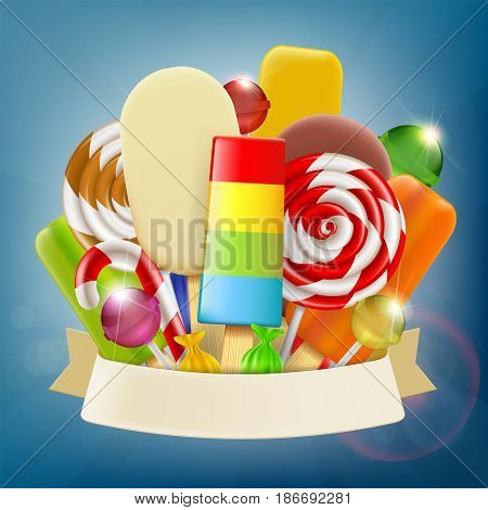 Set of ice cream candy and sweets with ribbon. Advertising of confectionery products. Stock vector illustration.