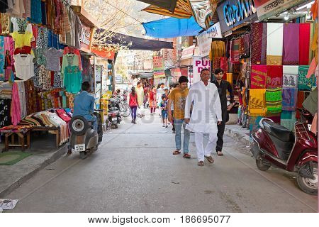 INDIA, RAM JHULA - APRIL 11, 2017: Shopping street in Ram Jhula, India on 11th of april 2017
