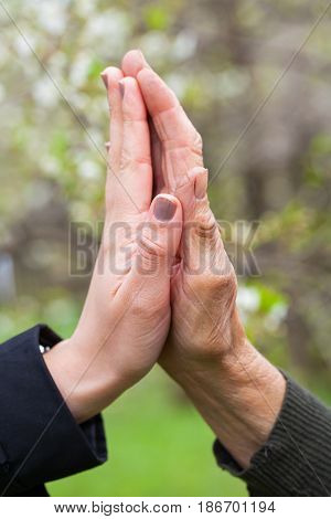 Close up picture of a young woman's hands holding an elderly female's hands