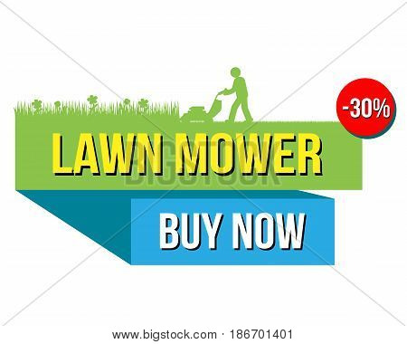 Vector illustration of lower mower sale with buy now text isolated on white.