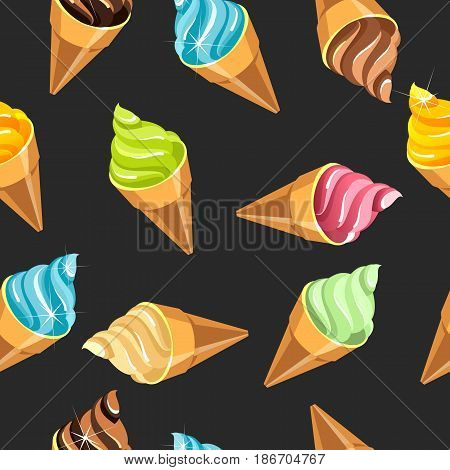 Seamless pattern of ice cream cone sweets on a black background