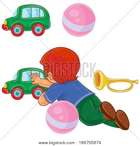 Vector clip art illustration of a little boy lies on his stomach and rolls a car. Print, template, design element
