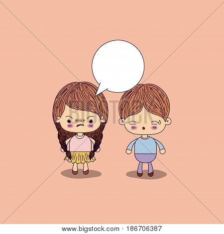 beige color background angry girl braids hair with dialogue box and boy worried vector illustration