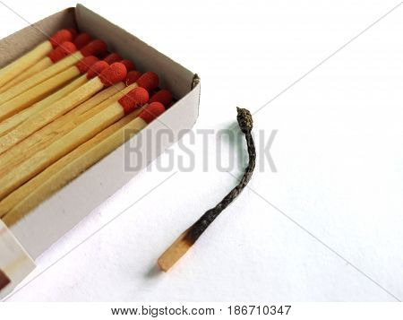 The macro details of the matchbox are full of matches with burning matches falling outside,Matches in opened matchbox on white background, close-up