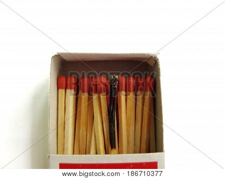 The macro details of the matchbox are full of matches with burning matches,Matches in opened matchbox on white background, close-up