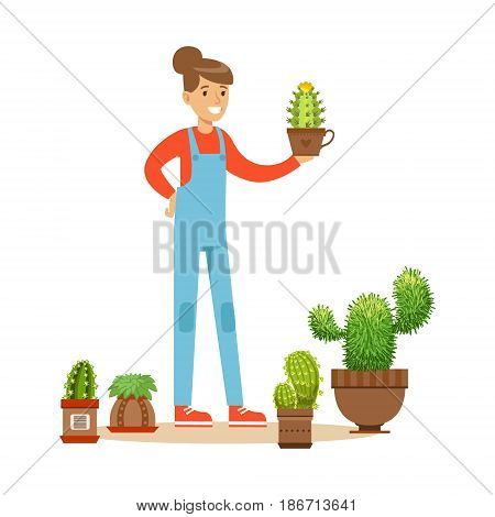 Woman planting succulents. Hobby or profession olorful character vector Illustration isolated on a white background