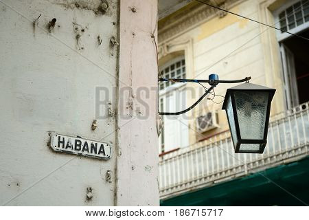 Old Havana downtown - view on the lamp and an old tenement - Havana Cuba