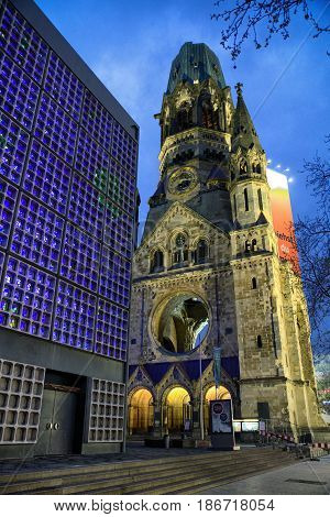 BERLIN GERMANY - APRIL 7: Ruins of Kaiser Wilhelm Memorial Church which was bombed during World war II on April 7 2017 in Berlin