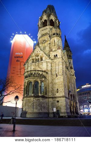 BERLIN GERMANY - APRIL 7: Ruins of Kaiser Wilhelm Memorial Church which was bombed during World war II on April 7 2017 in Berlin