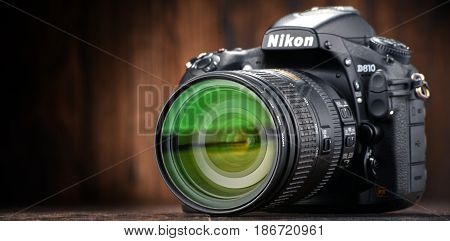 POZNAN POLAND - JAN 20 2017: Nikon is a Japanese multinational corporation headquartered in Tokyo Japan specializing in optics and imaging products including cameras camera lenses.