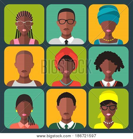 Vector set of different african people app icons in flat style. Head avatars collection. Female and male people of color group. Zambian women, men faces.