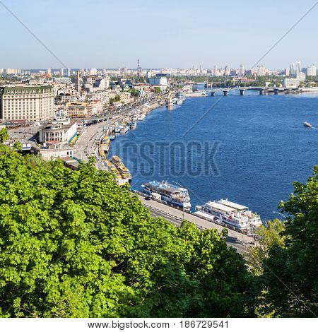 View Of Kiev City Podil District With River Port
