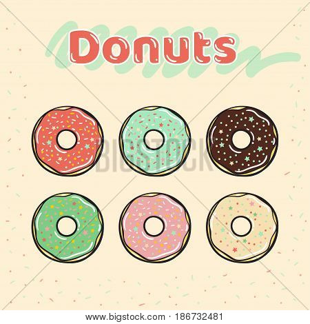 Colorful set of glazed donuts with caramel and sweets. Donuts vector set isolated on a beige background in a retro flat style. Vector illustration