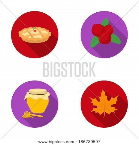 Cranberry, pumpkin pie, honey pot, maple leaf.Canada thanksgiving day set collection icons in flat style vector symbol stock illustration .