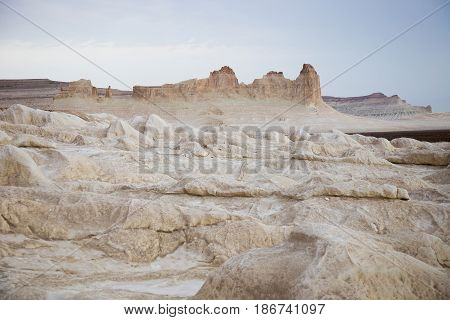 Peaked rocks and geological formations in Boszhira canyon, plateau Ustyurt, Kazakhstan