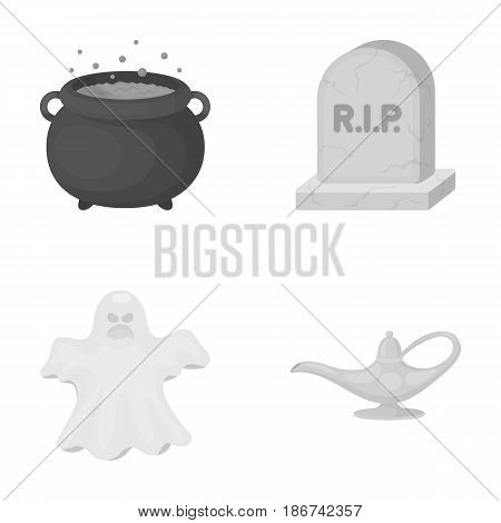 A witch's cauldron, a tombstone, a ghost, a gin lamp.Black and white magic set collection icons in monochrome style vector symbol stock illustration .