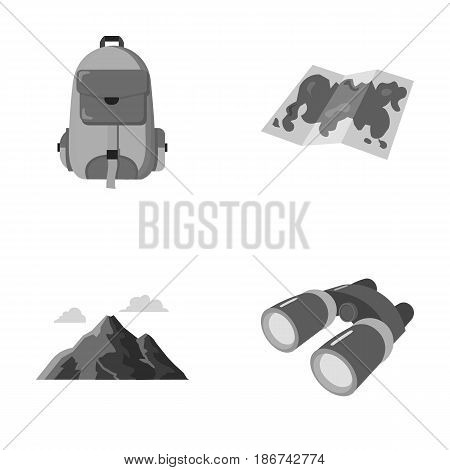 Backpack, mountains, map of the area, binoculars. Camping set collection icons in monochrome style vector symbol stock illustration .