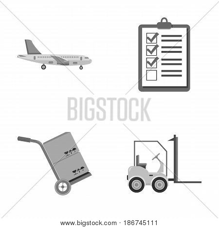 Cargo plane, cart for transportation, boxes, forklift, documents.Logistic, set collection icons in monochrome style vector symbol stock illustration .