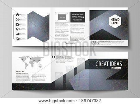 Set of business templates for tri fold square design brochures. Leaflet cover, abstract flat layout, easy editable vector. Colorful dark background with abstract lines. Bright color chaotic, random, messy curves. Colourful vector decoration.