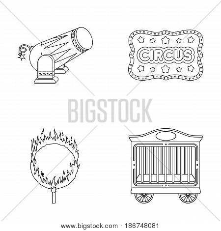 Circus trailer, circus gun, burning hoop, signboard.Circus set collection icons in outline style vector symbol stock illustration .