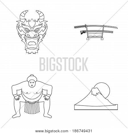 Dragon mask, katano, a man is a sumo player, a fujiama mountain.Japan set collection icons in monochrome style vector symbol stock illustration .