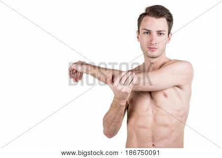 Healthy Lifestyle. Portrait Of A Handsome Guy With A Sporty Naked Body, Warming Up, Isolated On Whit