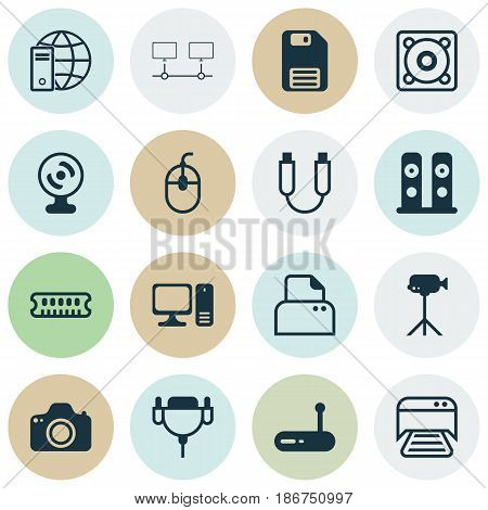 Set Of 16 Computer Hardware Icons. Includes Music, Diskette, Desktop Computer And Other Symbols. Beautiful Design Elements.