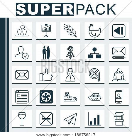 Set Of 25 Universal Editable Icons. Can Be Used For Web, Mobile And App Design. Includes Elements Such As Report Demonstration, Snow Person, Surf-Board And More.