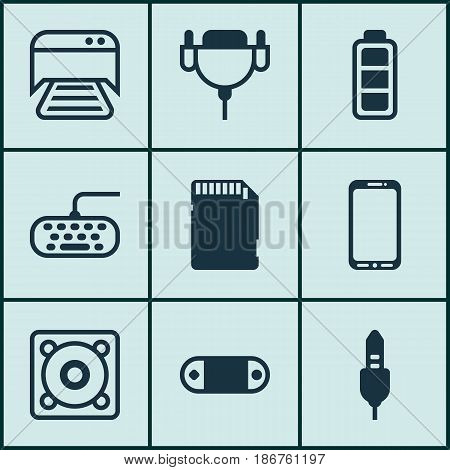 Set Of 9 Computer Hardware Icons. Includes Accumulator Sign, Aux Cord, Radio Set And Other Symbols. Beautiful Design Elements.