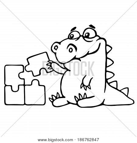 cute dragon is played and assemble the puzzle. vector illustration. funny cartoon character.